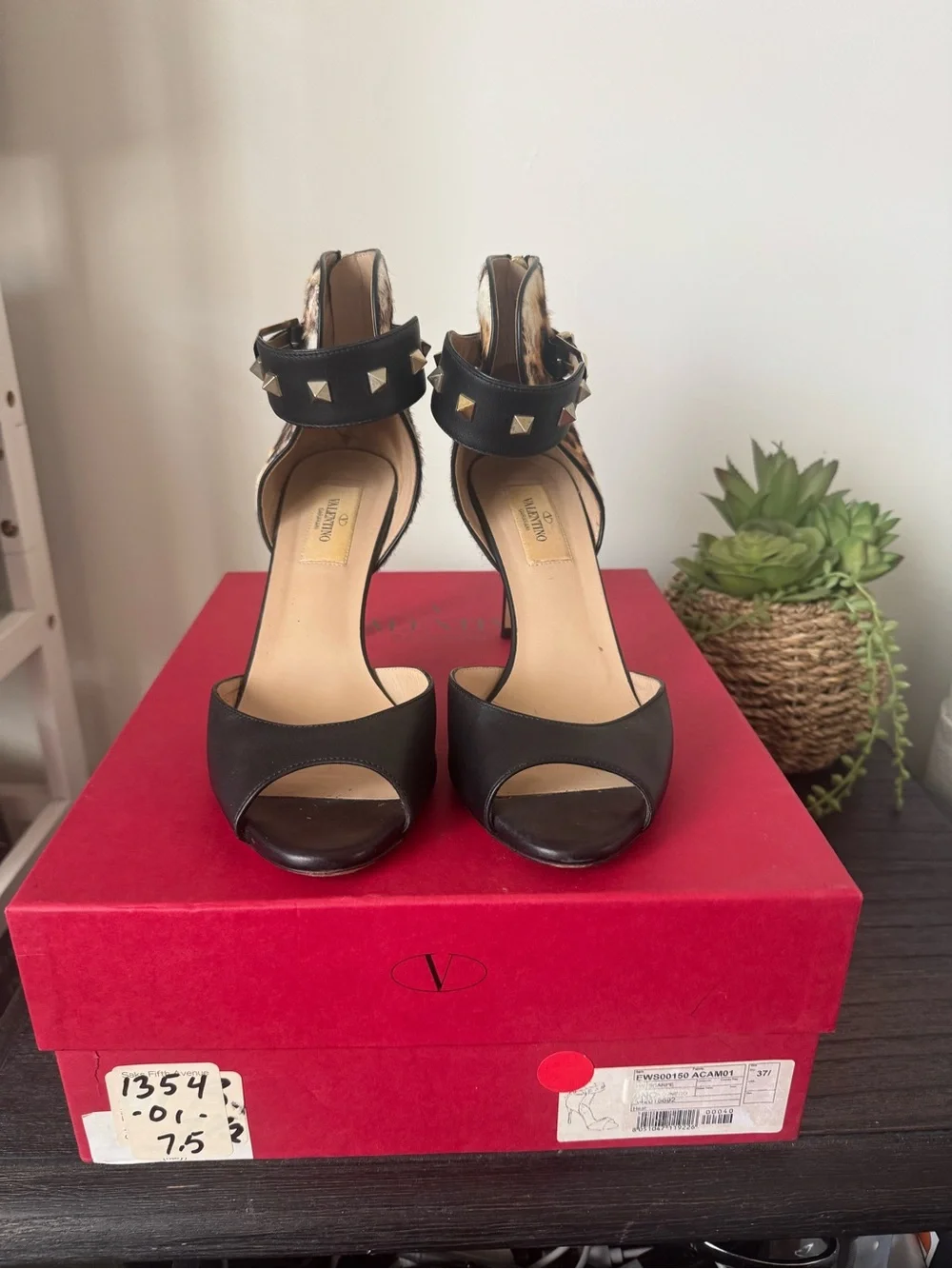 Valentino Garavani Rockstud Leopard Pony Hair Ankle Strap Heels 37.5